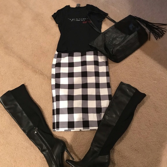 black and white plaid skirt knee length